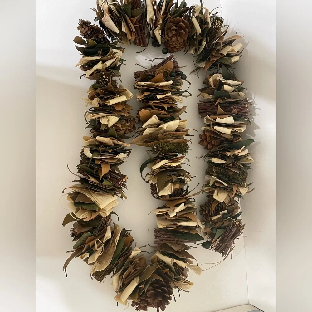 Fall Dried Leaves Pinecones Corn Husks Green Berries Garland 70” Cottage Farm